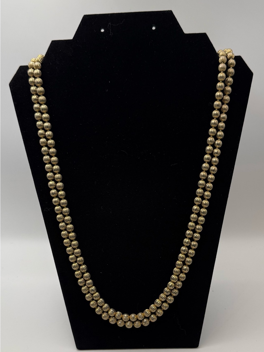 Source Unknown Gold Ribbed Double Strand Beaded Necklace
